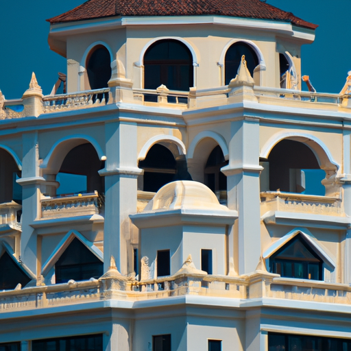 נוף פנורמי של החזית המלכותית של מלון סנטרה על רקע השמים הכחולים והצלולים של קראבי.